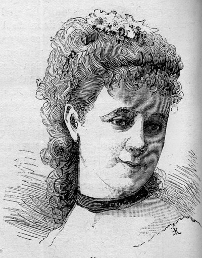 Ritratto di Emilie Broisat (1848-1929), comica francese, membro della Comédie Française. Incisione in 