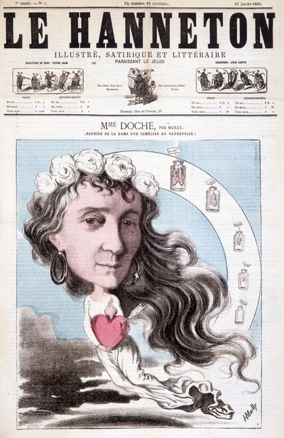 Ritratto di Eugénie Doche che recita in una copertina al teatro Vaudeville di "La Dame aux camélias", scritta da Alexandre Dumas (figlio) nel 1852. In Le Hanneton, 23 gennaio da Unknown artist