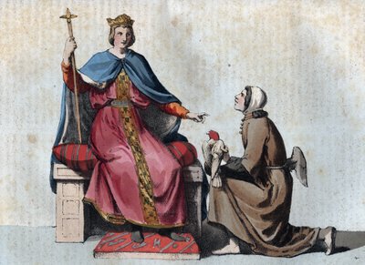Ritratto di Federico II di Hohenstaufen Imperatore del Sacro Romano Impero con il suo falconiere - Ritratto di Federico II di Hohenstaufen (1194-1250), Re del Sacro Romano Impero con il suo falconiere - incisione da "Usi e Costumi di Tutti i Popoli dell