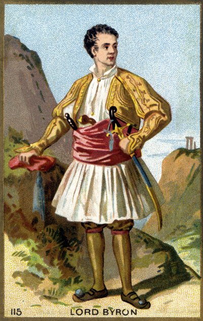 Ritratto di George Gordon Noel, 6° Barone Byron, Lord Byron (1788-1824) vestito da greco. Cromolitografia del XIX secolo. da Unknown artist