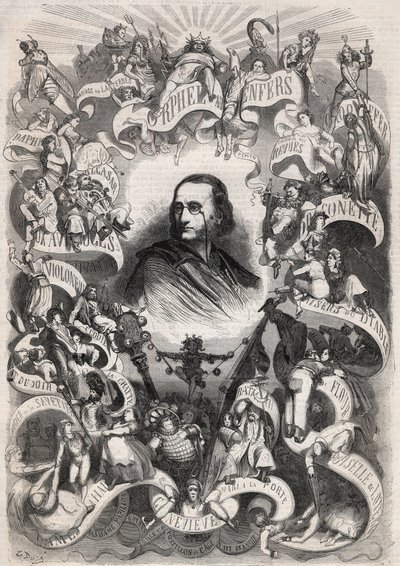 Ritratto di Jacques Offenbach (1819-1880), compositore francese e direttore del teatro des Bouffes Parisiens, circondato dai personaggi delle sue opere - Incisione in 
