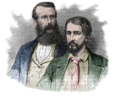 Ritratto di John Hanning Speke, esploratore britannico, e James Augustus Grant, soldato ed esploratore britannico. Insieme esplorarono le sorgenti del fiume Nilo - incisione da "The picturesque history of great voyages in the nineteenth century". 1877 da Unknown artist