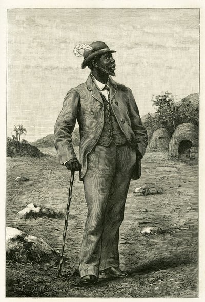Ritratto del Re Sepopo dello Zambeze (attuale Sudafrica), vestito in stile europeo, incisione di P. Dufour, per illustrare la storia "Nel paese dei Marutses", nel 1875-1879, del Dr. Emile Holub (1847-1902). Pubblicato nel Tour du monde, 2° semestre 1 da Unknown artist