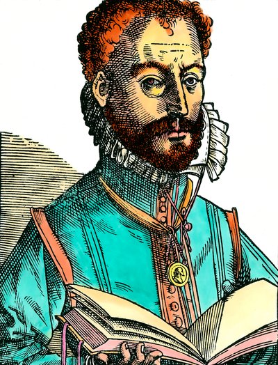 Ritratto di Orlandus Lassus (1531-1594) musicista della scuola franco-belga con un libro aperto (pagine bianche). Incisione del XVI secolo da Unknown artist