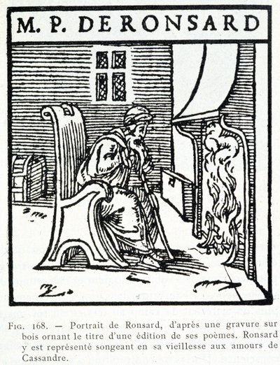 Ritratto di Pierre de Ronsard anziano che pensa agli amori di Cassandra - incisione su legno da Unknown artist