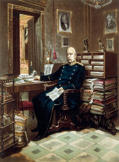 Ritratto del principe Otto von Bismarck (1815-1898), cancelliere e politico prussiano, nel suo ufficio. Litografia a colori da Unknown artist