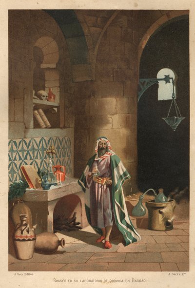 Ritratto di Rhases (Rhazes, Razi, Al-Razi, Razis, o Rases) (840-923) scienziato persiano) nel suo laboratorio a Baghdad. Barcellona 1881 da Unknown artist