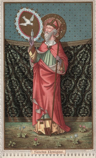 Ritratto di San Remigio (437-533) visitato dalla colomba dello Spirito Santo. Cromolitografia della fine del XIX secolo da Unknown artist