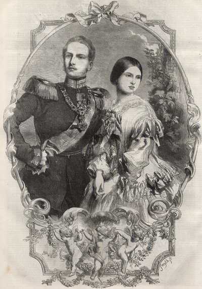 Ritratto delle loro altezze reali la principessa Vittoria (1840-1901) (regina Vittoria) e il principe ereditario Federico Guglielmo di Prussia (1831-1888). Incisione del 1858. da Unknown artist
