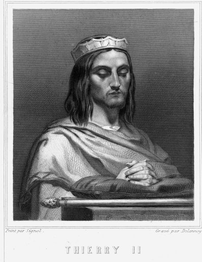 Ritratto di Thierry II (? - 613), Re di Borgogna e Austrasia - in "Histoire des Français" di Lavallée, incisione, sd. da Unknown artist
