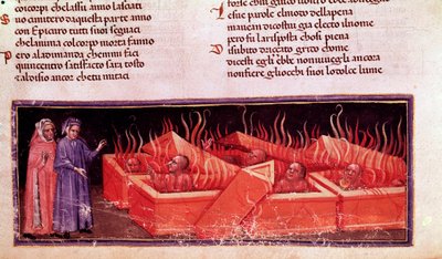 Ritratto del poeta italiano Dante Alighieri tra gli eretici con Virgilio (canto X dell