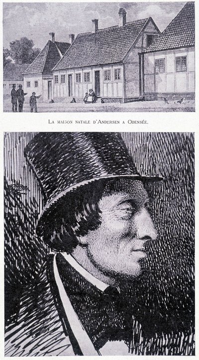 Ritratto dello scrittore danese Hans Andersen (1805 - 1875) e della sua casa a Odense, Danimarca, circa 1832 da Unknown artist