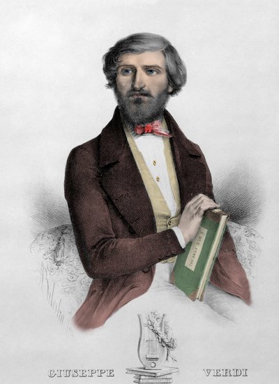 Ritratto del compositore italiano Giuseppe Verdi (1813 - 1901) con la partitura de 