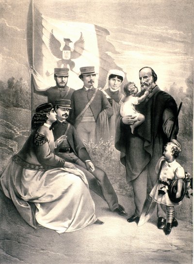 Ritratto del patriota italiano e eroe del Risorgimento Giuseppe Garibaldi (1807-1882) con i suoi figli Menotti, Ricciotti in piedi e Teresita, Francesca Armosino e i piccoli Manlio e Clelia. Illustrazione intorno al 1870. Collezione privata da Unknown artist