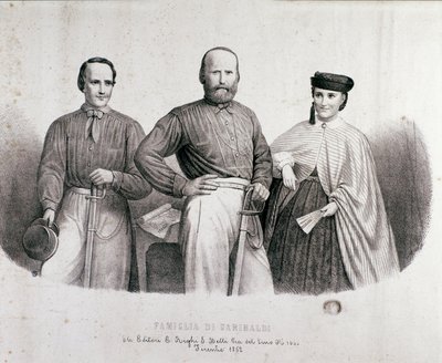 Ritratto del patriota e eroe del Risorgimento Giuseppe Garibaldi (1807-1882) tra Teresita, sua figlia e sua moglie Stefano Canzio. Litografia del 1862. Collezione privata da Unknown artist