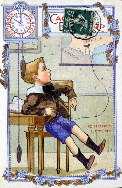 Cartolina che mostra il corso della giornata di un bambino. Alle 10:00, il bambino è a scuola. da Unknown artist