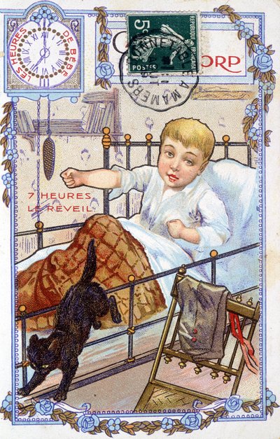 Cartolina che mostra il corso della giornata di un bambino. Alle 7, il bambino si sveglia da Unknown artist