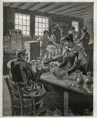 Ceramica: riempimento della ceramica. Incisione del 1885 in "Les arts et metiers illustres" di Adolphe Bitard da Unknown artist