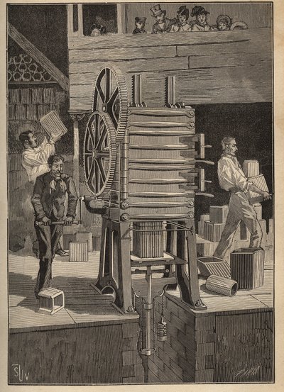 Ceramica: stampaggio meccanico di parti cave. Incisione del 1885 in "Les arts et metiers illustres" di Adolphe Bitard da Unknown artist