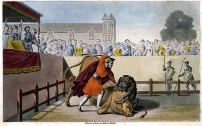 Pipino il Breve uccide un leone che combatte un toro - incisione da Unknown artist