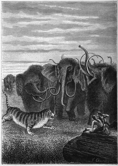 Preistoria: Mammut e gatti giganti delle caverne. Incisione da 