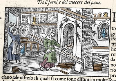Preparazione e cottura del pane in un forno. Incisione di Olaus Magnus, religioso e geografo svedese, “Historia de Gentis Septentrionalibus”, Venezia da Unknown artist