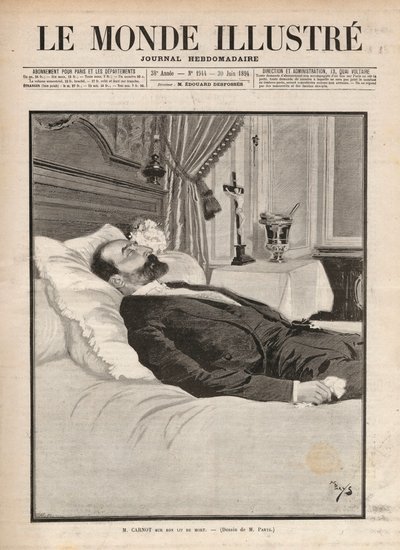 Presidente della repubblica Sadi Carnot (1837-1894) sul letto di morte, in un contesto di agitazione sindacale e anarchica, fu assassinato il 24 giugno all