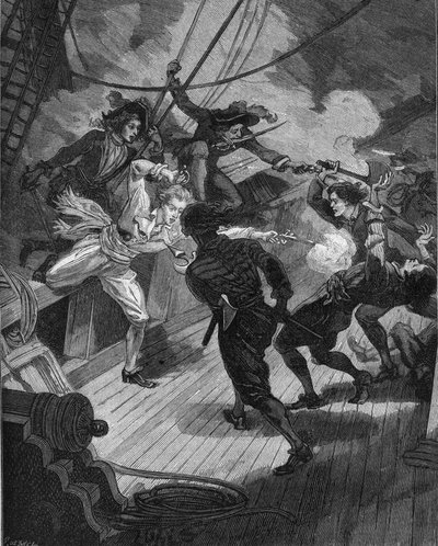 Corsaro Jean Bart (1650-1702) che si avvicina a una nave. Incisione del XIX secolo. In “Histoire de France” di Jules Michelet da Unknown artist