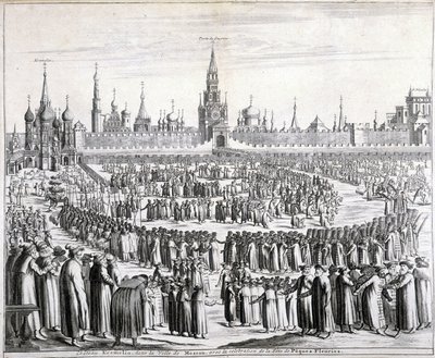 Processione dei Fiori di Pasqua davanti alla Porta del Santo Salvatore e al Cremlino a Mosca. Incisione del XIX secolo da Unknown artist