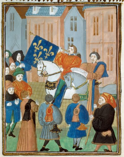Proclamazione della pace a Reims il 2 ottobre 1435 dopo la firma del Trattato di Arras tra il re Carlo VII e il duca di Borgogna Filippo III il Buono che pose fine alla guerra civile tra gli Armagnacchi e i Borgognoni. Miniatura da 