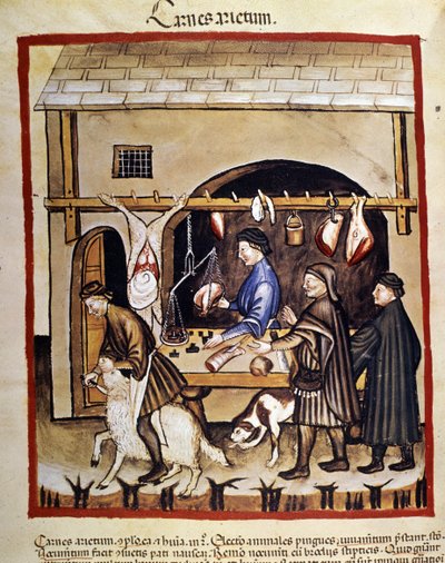 Produzione e vendita (macelleria) di carne ovina. Un pecora viene macellata. Miniatura dal "Tacuinum sanitatis" da Unknown artist