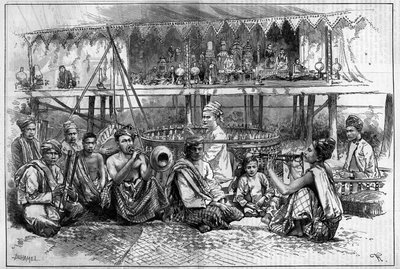 Teatro dei burattini con musicisti in Birmania. Incisione in "The Illustrous World" da Unknown artist