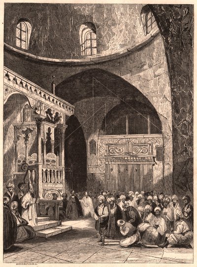 Rabbino e congregazione in una sinagoga a Gerusalemme da Unknown