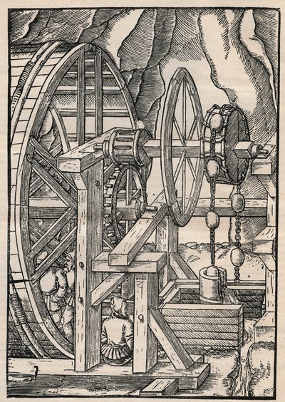 Pompa a catena e secchio per drenare una miniera azionata da uomini su una ruota. Da Agricola (George Bauer) De re metallica, Basilea da Unknown artist