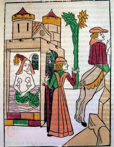 Raimondin che spia sua moglie Melusine nel bagno. Incisione su legno miniata a mano in 