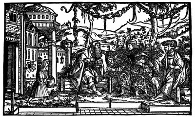 Raffaele Itlodeo, un viaggiatore che trascorse cinque anni in Utopia, racconta a Thomas More e Pierre Gilles del suo viaggio. Xilografia pubblicata nell