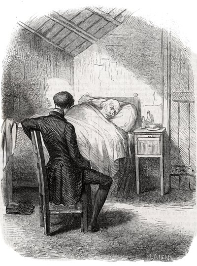 Rastignac rimase solo vicino al vecchio, seduto ai piedi del letto... Incisione della metà del XIX secolo. Illustrazione per "Il padre Goriot" di Honoré de Balzac (1799-1850). da Unknown artist