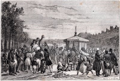 Lettura delle sentenze pubblicate sul giornale Moniteur nei giardini del Palazzo Reale a Parigi il 26 luglio 1830 durante la guerra civile - Rivoluzione del 1830 - Lettura delle prescrizioni nel Moniteur, al giardino del Palais-Royal, il 26 luglio 1830 all da Unknown