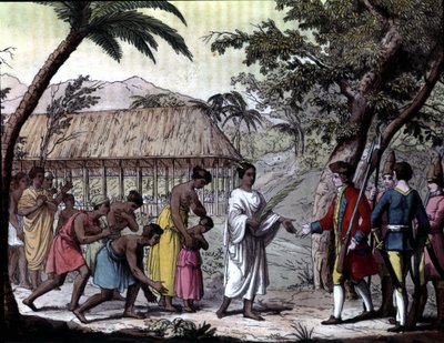 Accoglienza del navigatore Samuel Wallis dalla regina Oberea a Tahiti. Navigazioni di Cook, Milano da Unknown artist