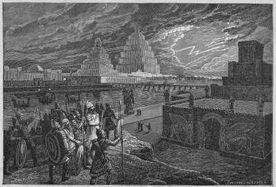 Ricostruzione dei templi e dei palazzi lungo il fiume di Babilonia - Mesopotamia: ricostruzione della città di Babilonia, costruita sotto il regno del re Nabucodonosor II da Unknown artist