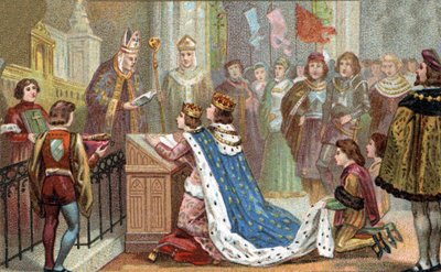 Relazione della Bretagna con la Francia: Luigi XII (1462-1515) sposò Anna di Bretagna (1477-1514). Il loro matrimonio riunì la Bretagna alla Francia (1499). Cromolitografia della fine del XIX secolo. da Unknown artist