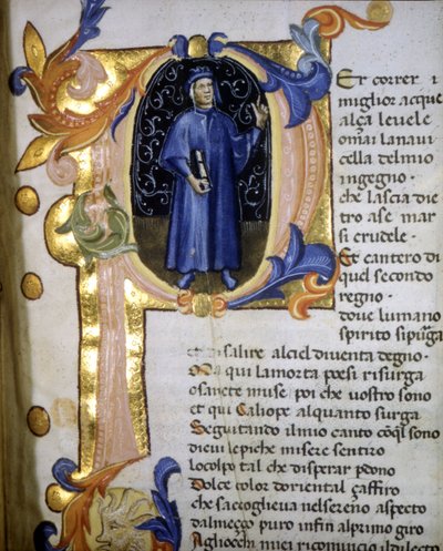 Rappresentazione in una lettrine del poeta Dante Alighieri (1265 - 1321), miniatura del XIV secolo da Unknown artist