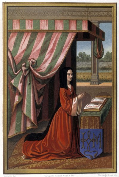 Rappresentazione di Anna di Francia conosciuta come Anna di Beaujeu (1461-1522) in preghiera. È la figlia di Luigi XI e Carlotta di Savoia. Cromolitografia dopo illuminazione da Unknown artist