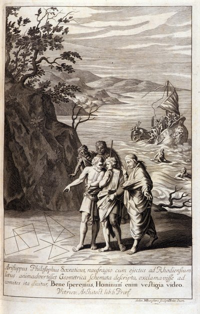 Rappresentazione di Aristippo di Cirene (435-356 a.C.) filosofo greco discepolo di Socrate, dopo il naufragio che lo gettò sulla costa di Rodi, scopre tracce geometriche sulla sabbia. Incisione dal Libro XV degli "Elementi" di Euclide. 1591 da Unknown artist