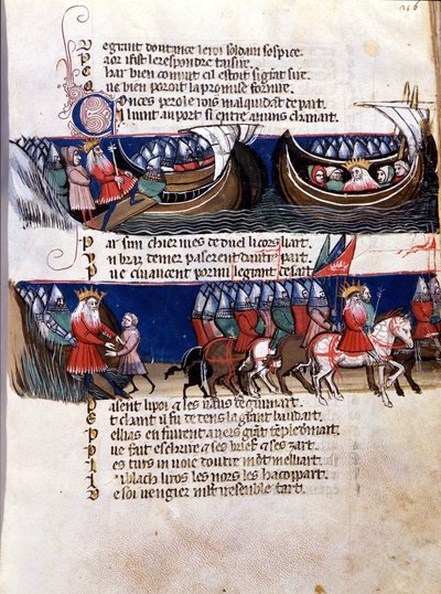 Rappresentazione di Carlo Magno durante le sue conquiste: sale su una nave e guida i suoi eserciti. Miniatura dal manoscritto franco-italiano “Entrée d