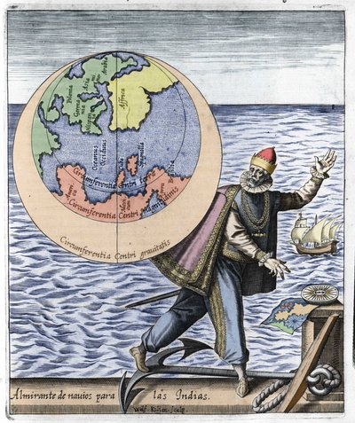 Rappresentazione di Cristoforo Colombo (1451-1506) - in "Nova Tipus Transacto Navigatio Novi Orbi" di Philoponus Honorius da Unknown artist