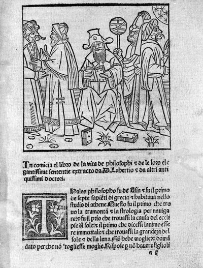 Rappresentazione di Diogene Laerzio (120-240) (centro) circondato da vari pensatori e filosofi. Pagina tratta da "Vite, dottrine e sentenze dei filosofi illustri" (Vitae Philosophorum) del poeta e storico Diogene Laerzio (120-240) 1495 da Unknown artist