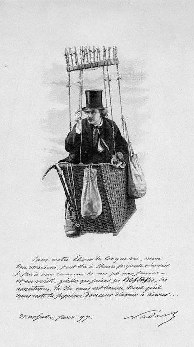 Rappresentazione di Felix Tournachon detto Nadar (1820-1910) sulla navicella di un pallone aerostatico. 1897 da Unknown artist