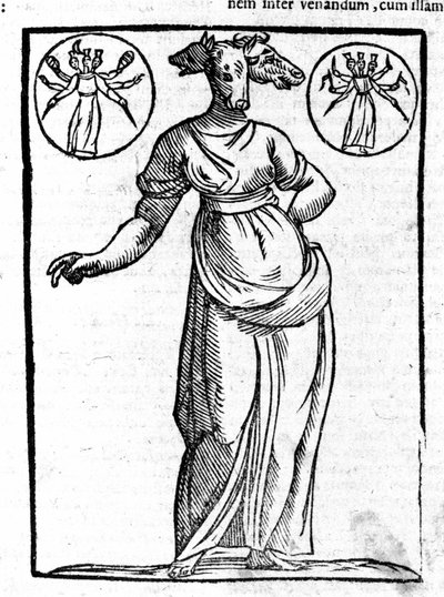 Rappresentazione di Ecate, divinità malvagia greca, che era eretta agli incroci, solitamente aveva tre teste. Incisione del XVII secolo. da Unknown artist