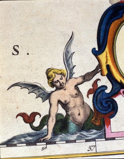 Rappresentazione di una sirena alata. Dettaglio di 